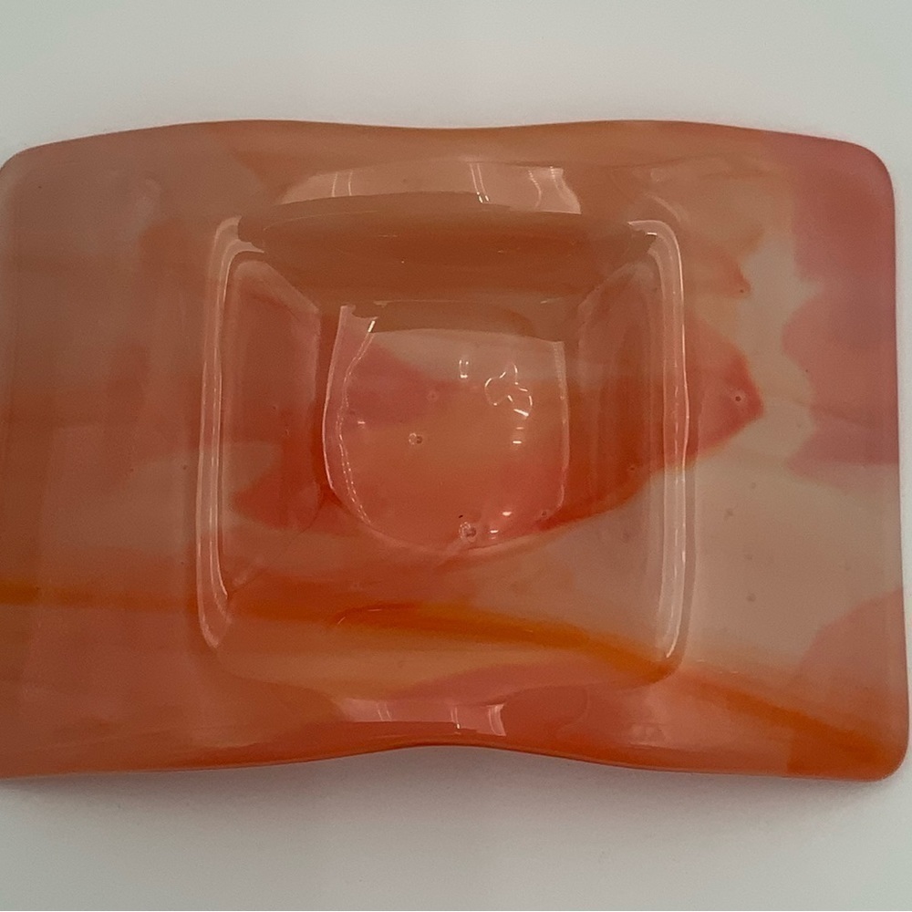 Retro Orange & Cream Swirl Fused Art Glass Arched Trinket Dish - Picture 5 of 6